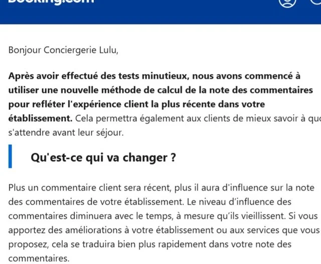 J-5 avant la nouvelle pondération des notes sur Booking ! Les derniers commentaires auront plus de poids dans la note globale du logement : cela traduira mieux les améliorations comme les dégradations dans le service amené aux voyageurs, et c'est une excellente nouvelle ! Vous aussi votre logement mérite le meilleur ? ⬇⬇⬇ www.conciergerielulu.com #conciergerieairbnb #locationcourtedurée #locationsaisonniere  #conciergerienantes